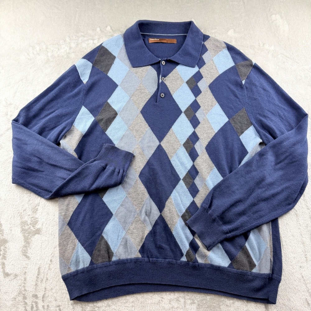 Perry Ellis Men's XL Argyle Polo Sweater Blue Grey Long Sleeve PS23411